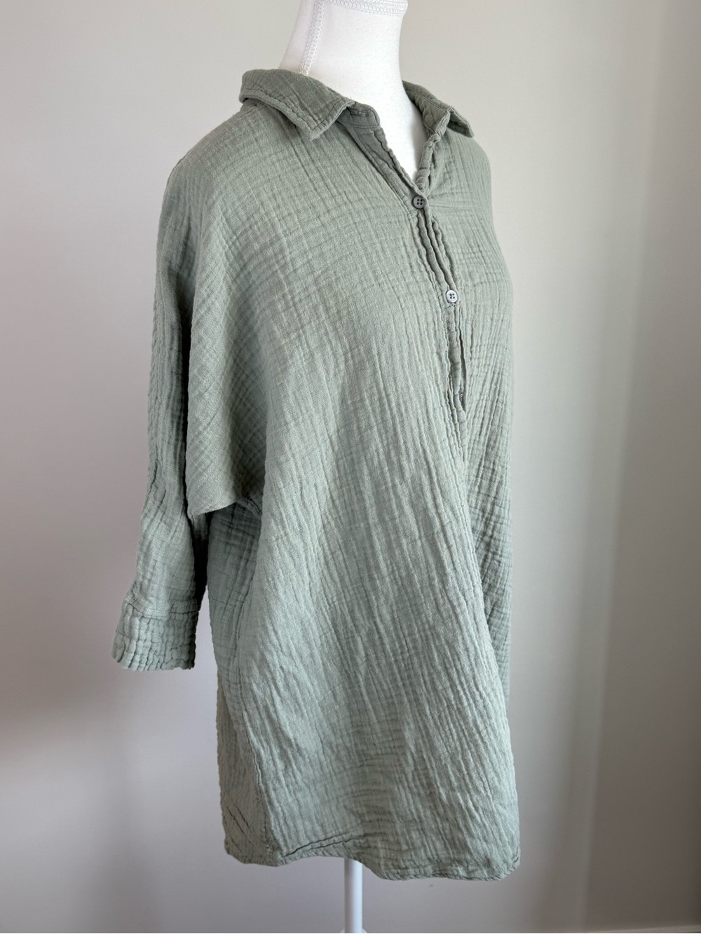 ICHI Sage Green Cotton Gauze Oversized Button Up Shirt Size L - Picture 3 of 5